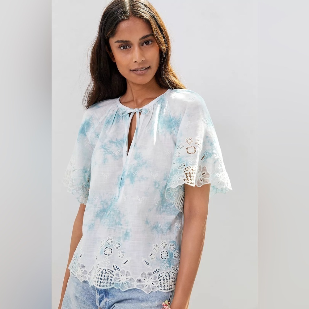 Anthropologie Embroidered Tie-Dye Blouse Blue Floral Summer XS